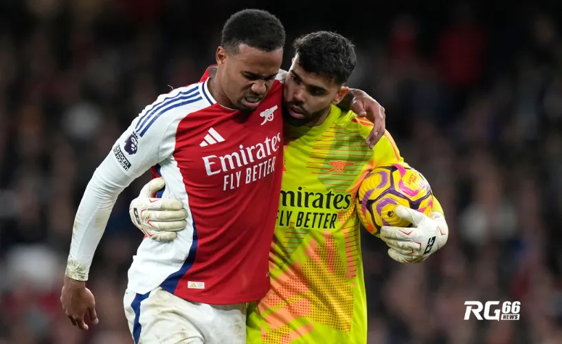 Gabriel rời sân vì chấn thương trong trận gặp Liverpool, được thủ môn David Raya hỗ trợ.