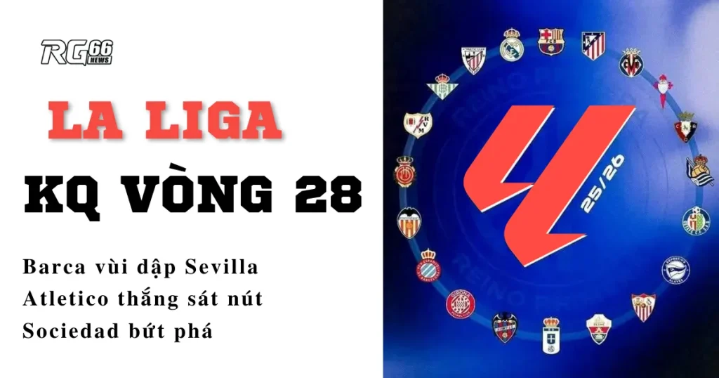 Kết quả La Liga vòng 28 – Barca vùi dập Sevilla, Atletico thắng sát nút, Sociedad bứt phá